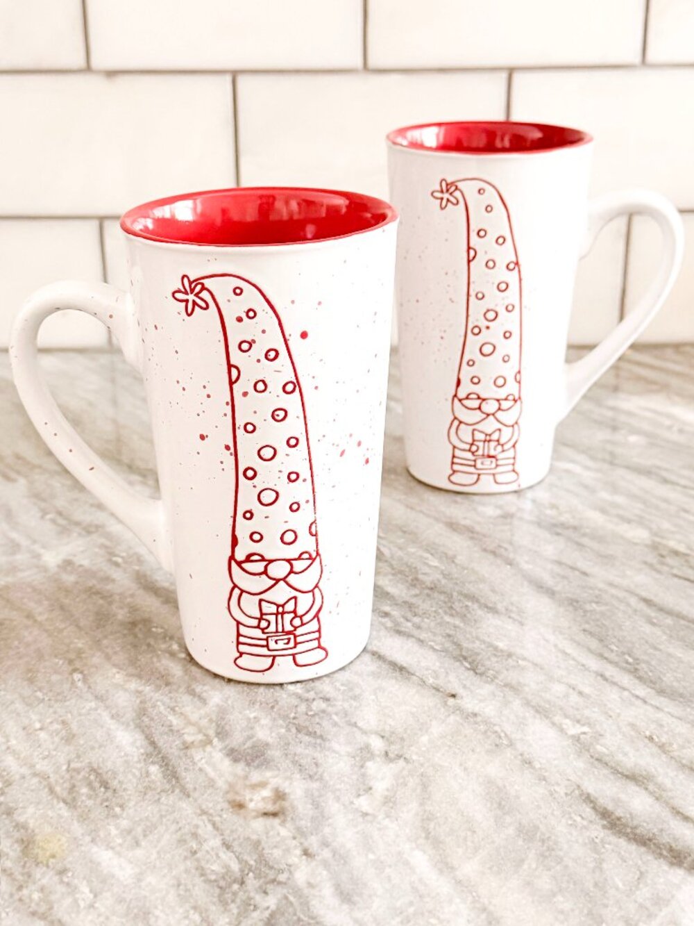 Marki Set of 2 Christmas Gnome Coffee Mugs Red Speckled Tall Ceramic Holiday